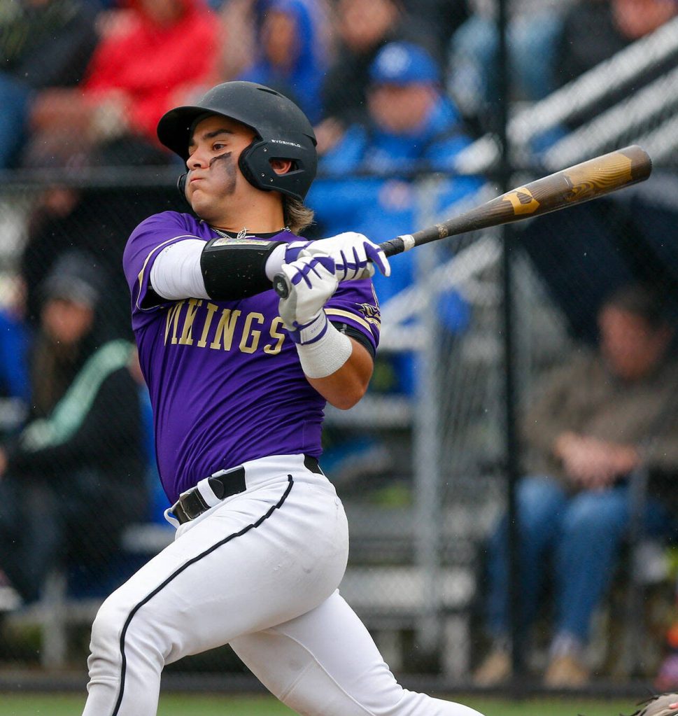 Lake Stevens catcher Hayden Villasenor lines out during a playoff loss to Bothell on Saturday, May 4, 2024, in Lake Stevens, Washington. (Ryan Berry / The Herald)