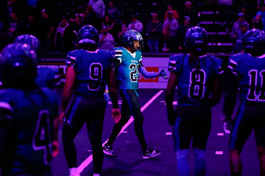 Wideout and defensive back JR Nelson is introduced prior to the Washington Wolfpacks inaugural home opener against Billings on Sunday, May 5, 2024, a Angel of the Winds Arena in Everett, Washington. (Ryan Berry / The Herald)