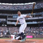 Julio Rodríguez (44) reacts during the T-Mobile Home Run Derby on July 10, 2023, at T-Mobile Park in Seattle. (Steph Chambers/Getty Images/TNS)