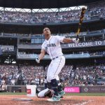 Julio RodrÃ­guez (44) of the Seattle Mariners reacts during the T-Mobile Home Run Derby at T-Mobile Park on July 10, 2023, in Seattle, Washington. (Steph Chambers/Getty Images/TNS)