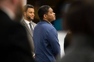 Jamel Alexander stands as the jury enters the courtroom for the second time during his trial at the Snohomish County Courthouse on Monday, May 6, 2024 in Everett, Washington. (Olivia Vanni / The Herald)