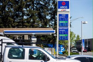 A gas station at the intersection of 41st Street and Rucker Avenue advertises diesel for more than $5 a gallon and unleaded for more than $4.70 a gallon on Friday, May 10, 2024 in Everett, Washington. (Olivia Vanni / The Herald)