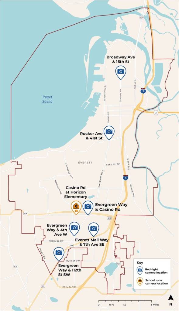 The locations of new red-light cameras and school zone cameras across Everett. (City of Everett map)