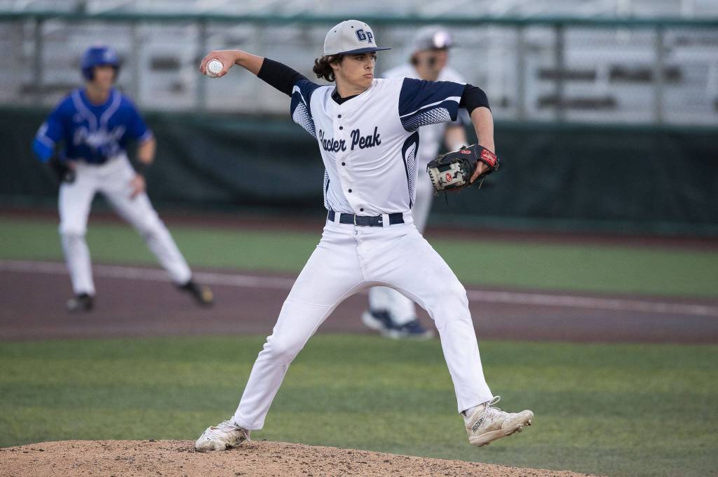 Glacier Peaks Jake Doman pitches during the 4A district game against Bothell at Funko Field on Thursday, May 9, 2024 in Everett, Washington. (Olivia Vanni / The Herald)