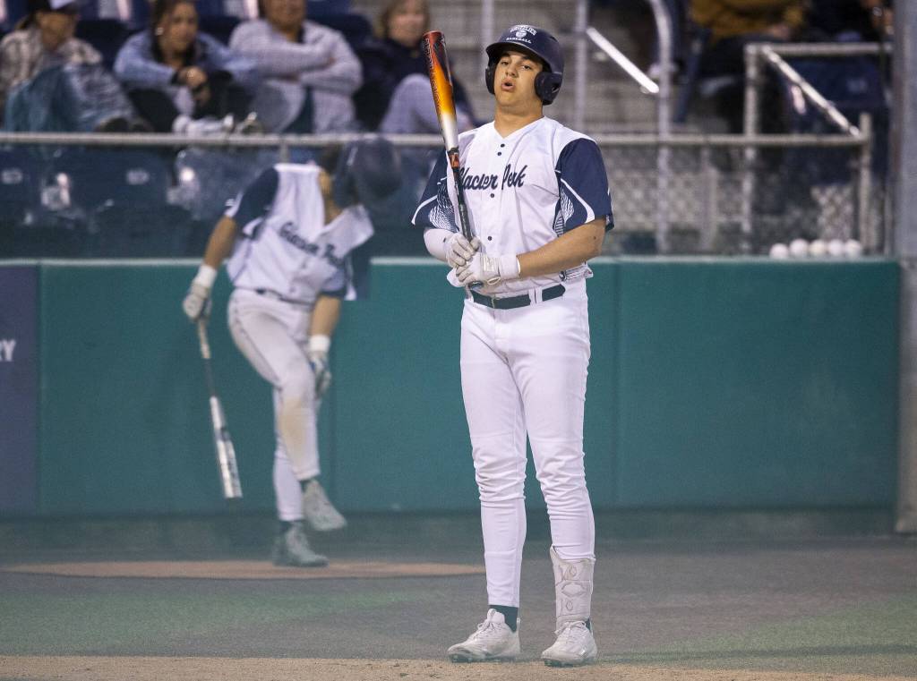 Glacier Peaks Emmett Brown takes a deep breath before stepping up to the plate during the final inning of the 4A district game against Bothell at Funko Field on Thursday, May 9, 2024 in Everett, Washington. (Olivia Vanni / The Herald)