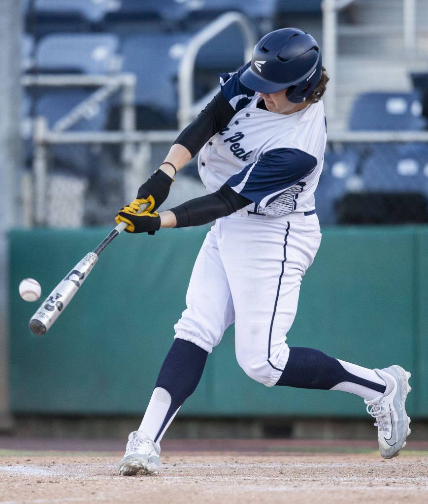 Glacier Peaks Karsten Sweum hits the ball during the 4A district game against Bothell at Funko Field on Thursday, May 9, 2024 in Everett, Washington. (Olivia Vanni / The Herald)