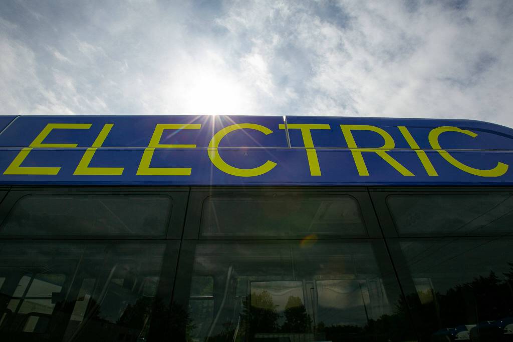 Community Transits new electric bus features an unmistakable design, as seen Monday, May 13, 2024, at the Community Transit Operations Base in Everett, Washington. (Ryan Berry / The Herald)