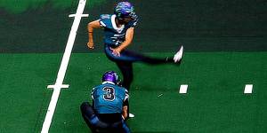 Washington Wolfpack kicker Melissa Strother became the first female to score a point in Arena Football League history, but the Wolfpack fell 34-21 to the West Texas Desert Hawks on Sunday at Angel of the Winds Arena (Photo courtesy of Jim Matson, Inside Arena)