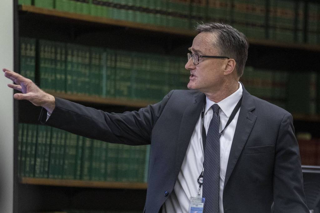 Deputy prosecutor Craig Matheson gives his opening statement in the trial of Richard Rotter at the Snohomish County Courthouse in Everett, Washington on Monday, March 20, 2023. (Annie Barker / The Herald)