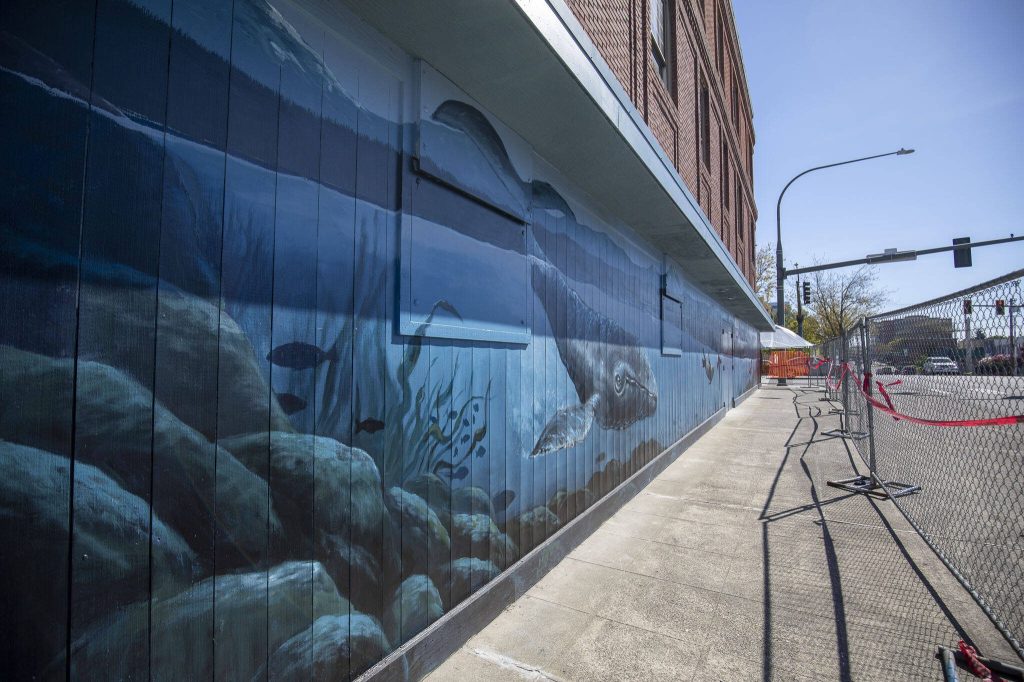 A mural by Gina Ribaudo at the intersection of Colby and Pacific for the Imagine Childrens Museum in Everett, Washington on Thursday, May 9, 2024. (Annie Barker / The Herald)