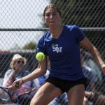 Shorewoods Emily Lin hits the ball during the Class 3A District 1 girls tennis tournament at Snohomish High School in Snohomish, Washington on Wednesday, May 15, 2024. (Annie Barker / The Herald)