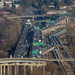 Looking east toward the U.S. 2 trestle as cars begin to backup on Thursday, March 1, 2018 in Everett, Wa. The aging westbound span needs replacing and local politicians are looking to federal dollars to get the replacement started. (Andy Bronson / The Herald)
