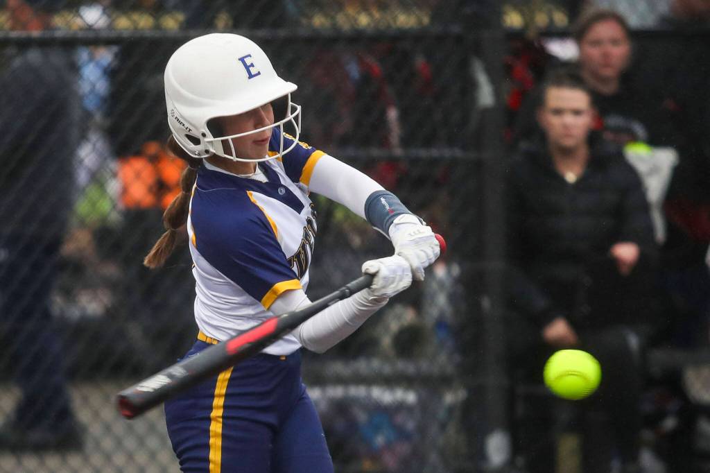 Everetts Anna Luscher (6) swings during a Class 3A District 1 softball championship game between Snohomish and Everett at Phil Johnson Fields in Everett, Washington on Thursday, May 16, 2024. Everett won, 10-0. (Annie Barker / The Herald)