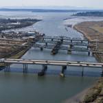 I-5, Highway 529 and BNSF railroad bridges cross over Union Slough, as the main routes for traffic between Everett and Marysville. (Olivia Vanni / The Herald)