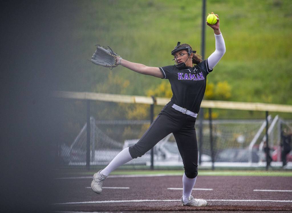 Kamiaks Synclair Mawudeku pitches during the 4A district championship against Jackson on Friday, May 17, 2024 in Everett, Washington. (Olivia Vanni / The Herald)