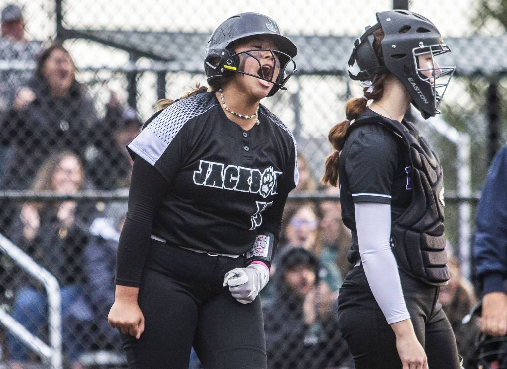Jacksons Emery Tulio reacts to scoring during the 4A district championship against Kamiak on Friday, May 17, 2024 in Everett, Washington. (Olivia Vanni / The Herald)