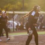 Jacksons Yanina Sherwood reacts to throwing a strike to end the game and win the 4A district championship on Friday, May 17, 2024 in Everett, Washington. (Olivia Vanni / The Herald)
