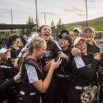 Jackson players react to beating Kamiak to win the 4A district championship on Friday, May 17, 2024 in Everett, Washington. (Olivia Vanni / The Herald)