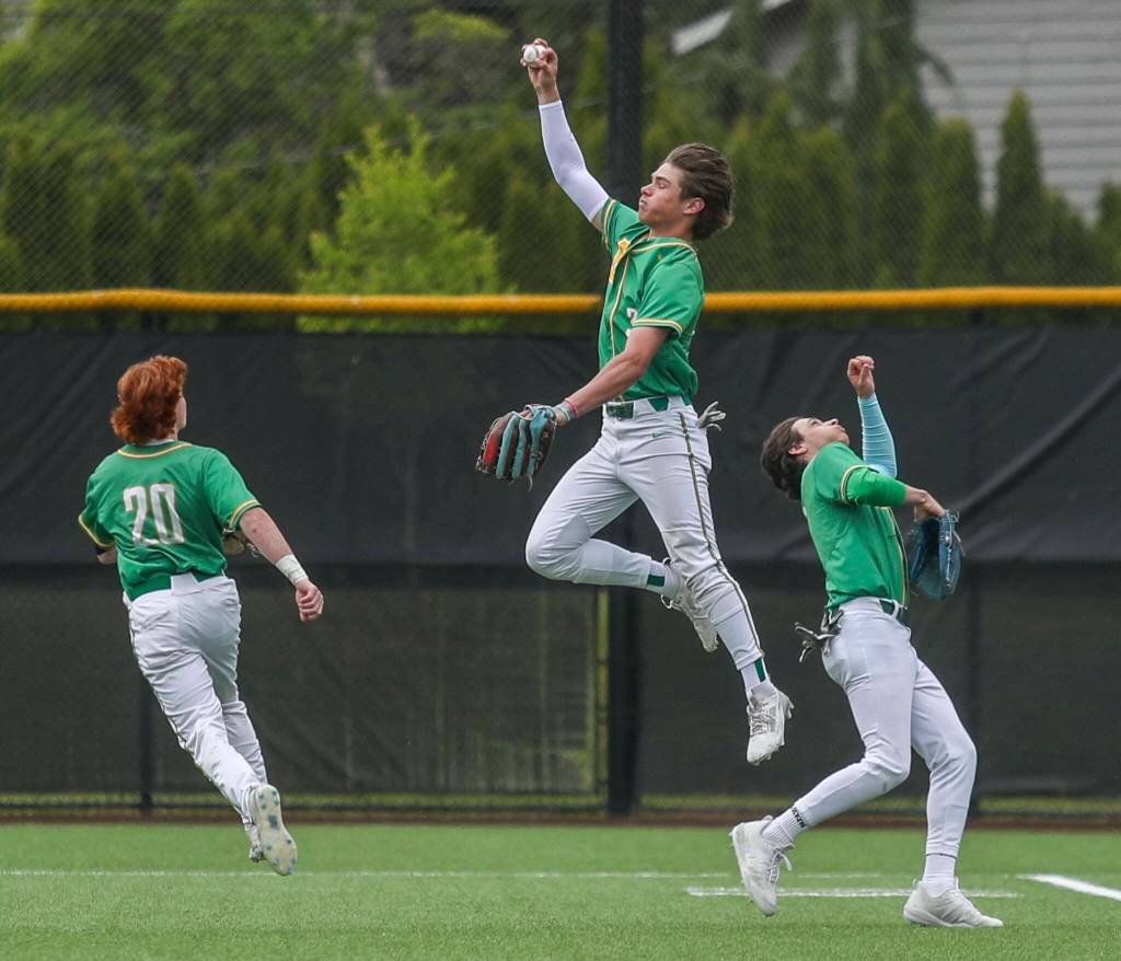 Bishop Blanchet players fight for the ball during a baseball game between Mountlake Terrace and Bishop Blanchet at Edmonds-Woodway High School in Edmonds, Washington on Saturday, May 18, 2024. Mountlake Terrace won, 12-7.(Annie Barker / The Herald)