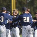 West Seattle players celebrate during a baseball game between Mountlake Terrace and West Seattle at Edmonds-Woodway High School in Edmonds, Washington on Saturday, May 18, 2024. Mountlake Terrace lost, 9-10.(Annie Barker / The Herald)