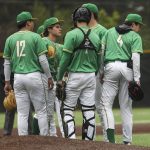 Bishop Blanchet players huddle during a baseball game between Mountlake Terrace and Bishop Blanchet at Edmonds-Woodway High School in Edmonds, Washington on Saturday, May 18, 2024. Mountlake Terrace won, 12-7.(Annie Barker / The Herald)