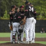 Mountlake Terrace players huddle during a baseball game between Mountlake Terrace and West Seattle at Edmonds-Woodway High School in Edmonds, Washington on Saturday, May 18, 2024. Mountlake Terrace lost, 9-10.(Annie Barker / The Herald)