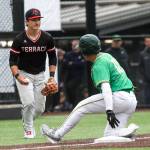 Bishop Blanchets Noah Duenas (12) slides into third during a baseball game between Mountlake Terrace and Bishop Blanchet at Edmonds-Woodway High School in Edmonds, Washington on Saturday, May 18, 2024. Mountlake Terrace won, 12-7.(Annie Barker / The Herald)