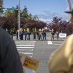 Boeing firefighters and supporters hold an informational picket at Airport Road and Kasch Park Road on Monday, April 29, 2024, in Everett, Washington. (Annie Barker / The Herald)