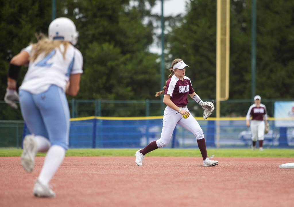Cascades Tessa Hahn runs to beat a Gig Harbor player to second base for an out during the 3A state softball tournament game on Thursday, May 23, 2024 in Lacey, Washington. (Olivia Vanni / The Herald)