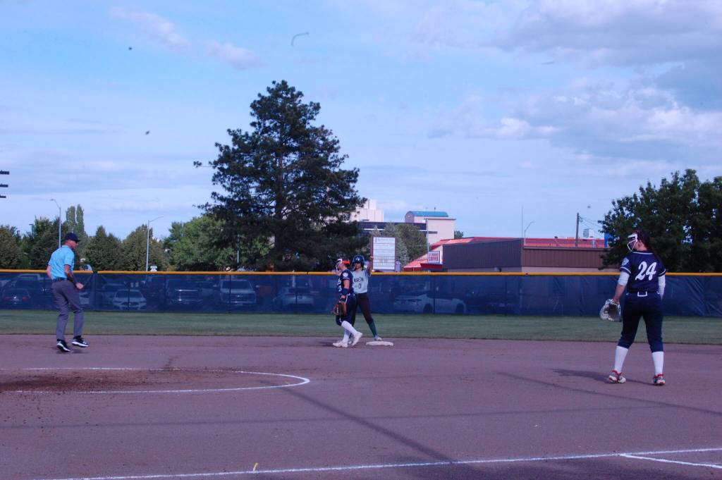 Jacksons Addi Bale celebrates her double during the second round of the Class 4A state playoffs May 24 at Columbia Playfields in Richland, WA (Aaron Coe / The Herald).