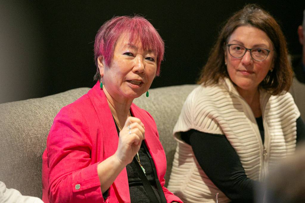 Mountlake Terrace Mayor Kyoko Matsumoto-Wright speaks during a discussion with community leaders regarding the Mountlake Terrace Main Street Revitalization project on Tuesday, May 28, 2024, at the Traxx Apartments in Mountlake Terrace, Washington. (Ryan Berry / The Herald)