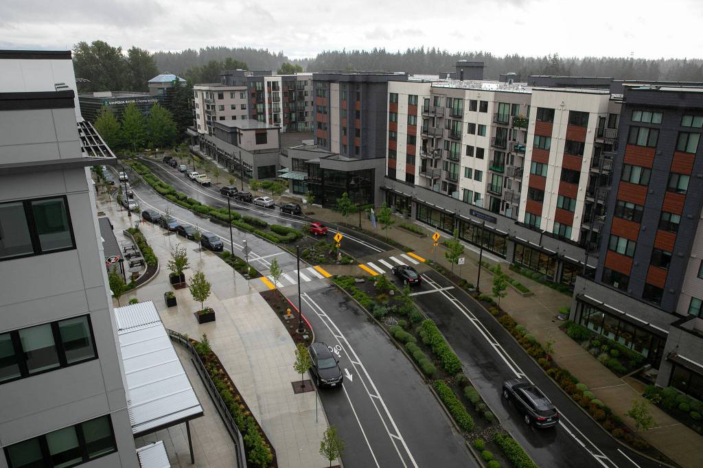 Van Ry Boulevard is seen from the top of the Traxx Apartments on Tuesday, May 28, 2024, in Mountlake Terrace, Washington. (Ryan Berry / The Herald)