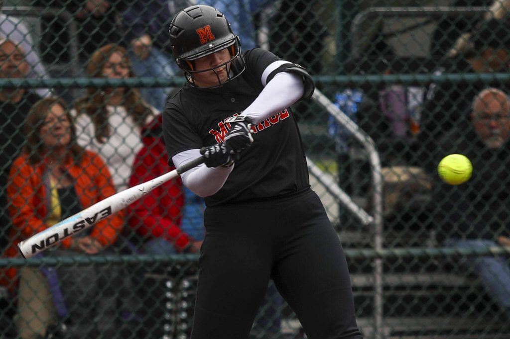 Monroes Vivian Knuckey (22) swings during a 3A softball game between Monroe and Auburn Riverside at the regional athletic complex in Lacey, Washington on Friday, May 24, 2024. Monroe fell, 18-4. (Annie Barker / The Herald)