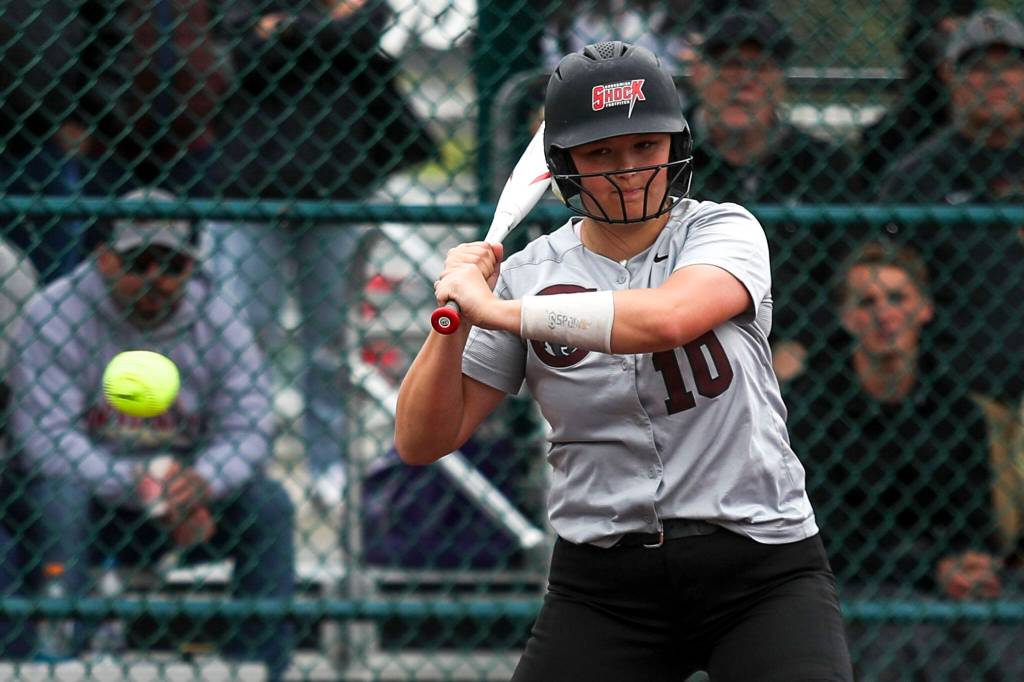 Cascades Mia Walker (10) judges when to swing during a 3A softball game between Cascade and University at the regional athletic complex in Lacey, Washington on Friday, May 24, 2024. Cascade fell, 6-7. (Annie Barker / The Herald)