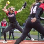 Snohomishs Alexandra Flohr pitches during the 3A state softball semifinal game against Garfield on Saturday, May 25, 2024 in Lacey, Washington. (Olivia Vanni / The Herald)