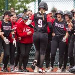 Snohomishs Abby Edwards scores after hitting a home run during the 3A state softball semifinal game against Garfield on Saturday, May 25, 2024 in Lacey, Washington. (Olivia Vanni / The Herald)