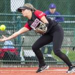 A Snohomish player bobbles the ball during the 3A state softball semifinal game against Garfield on Saturday, May 25, 2024 in Lacey, Washington. (Olivia Vanni / The Herald)