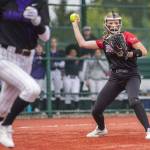 Snohomishs Alexandra Flohr throws the ball to first for an out during the 3A state softball semifinal game against Garfield on Saturday, May 25, 2024 in Lacey, Washington. (Olivia Vanni / The Herald)