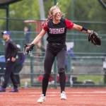 Snohomishs Alexandra Flohr celebrates getting the final strike to end the game to beat Garfield during the 3A state softball semifinal on Saturday, May 25, 2024 in Lacey, Washington. (Olivia Vanni / The Herald)