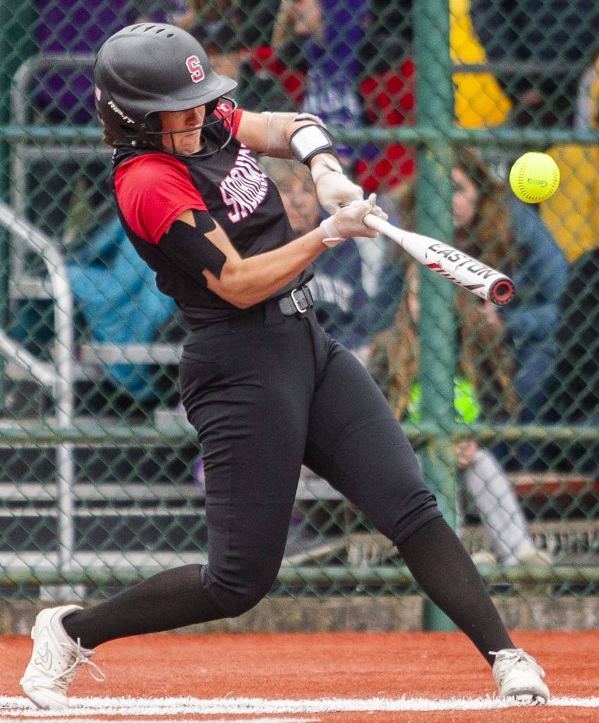 Snohomishs Allison Rush gets a hit during the 3A state softball semifinal game against Garfield on Saturday, May 25, 2024 in Lacey, Washington. (Olivia Vanni / The Herald)