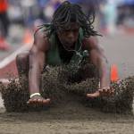 Marysville Getchells Shawn Etheridge participates in the Boys 3A long jump during the Class 4A, 3A, 2A track and field state championships at Mount Tahoma High School in Tacoma, Washington on Saturday, May 25, 2024. (Annie Barker / The Herald)