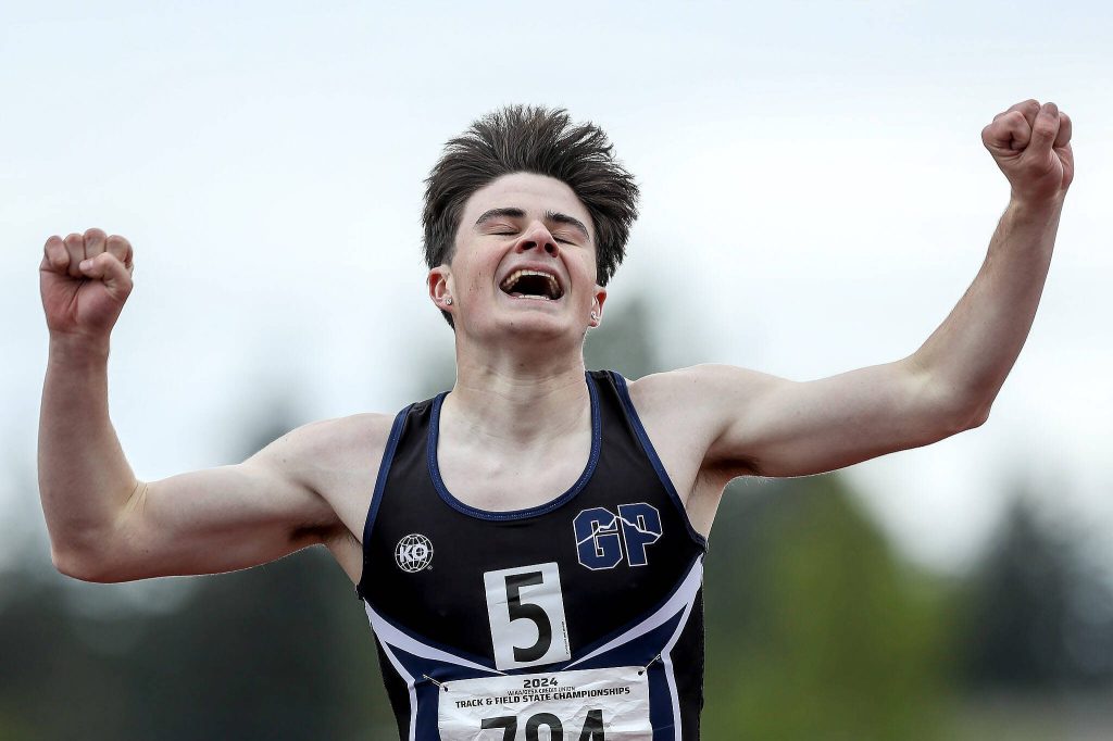 Glacier Peaks Mateo Ganje wins the Boys 200M 4A dash during the Class 4A, 3A, 2A track and field state championships at Mount Tahoma High School in Tacoma, Washington on Saturday, May 25, 2024. (Annie Barker / The Herald)
