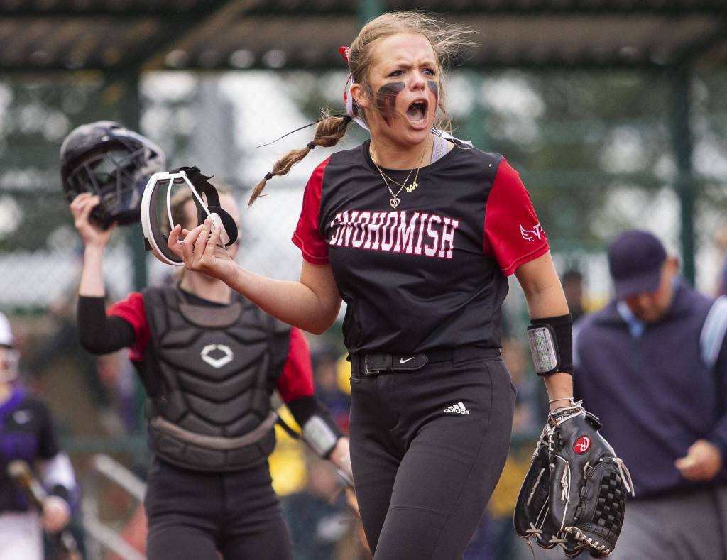 Snohomishs Alexandra Flohr celebrates getting an out during the 3A state softball semifinal game against Garfield on Saturday, May 25, 2024 in Lacey, Washington. (Olivia Vanni / The Herald)