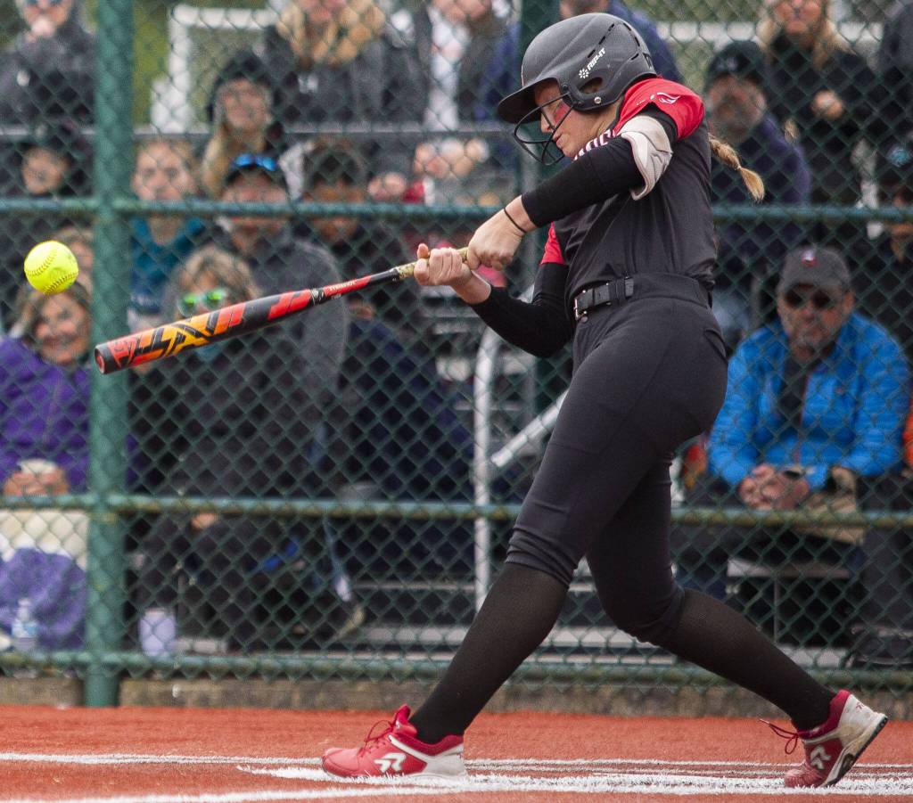 Snohomishs Abby Edwards gets a hit during the 3A state softball championship game against Auburn Riverside on Saturday, May 25, 2024 in Lacey, Washington. (Olivia Vanni / The Herald)