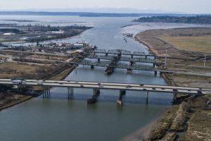 The I-5, Highway 529 and the BNSF railroad bridges cross over Union Slough as the main roadways for north and southbound traffic between Everett and Marysville. (Olivia Vanni / The Herald)