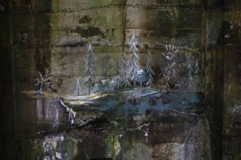 Graffiti inside a snowshed tunnel along the Iron Goat Trail in Leavenworth, Washington on Sunday, May 19, 2024. (Annie Barker / The Herald)