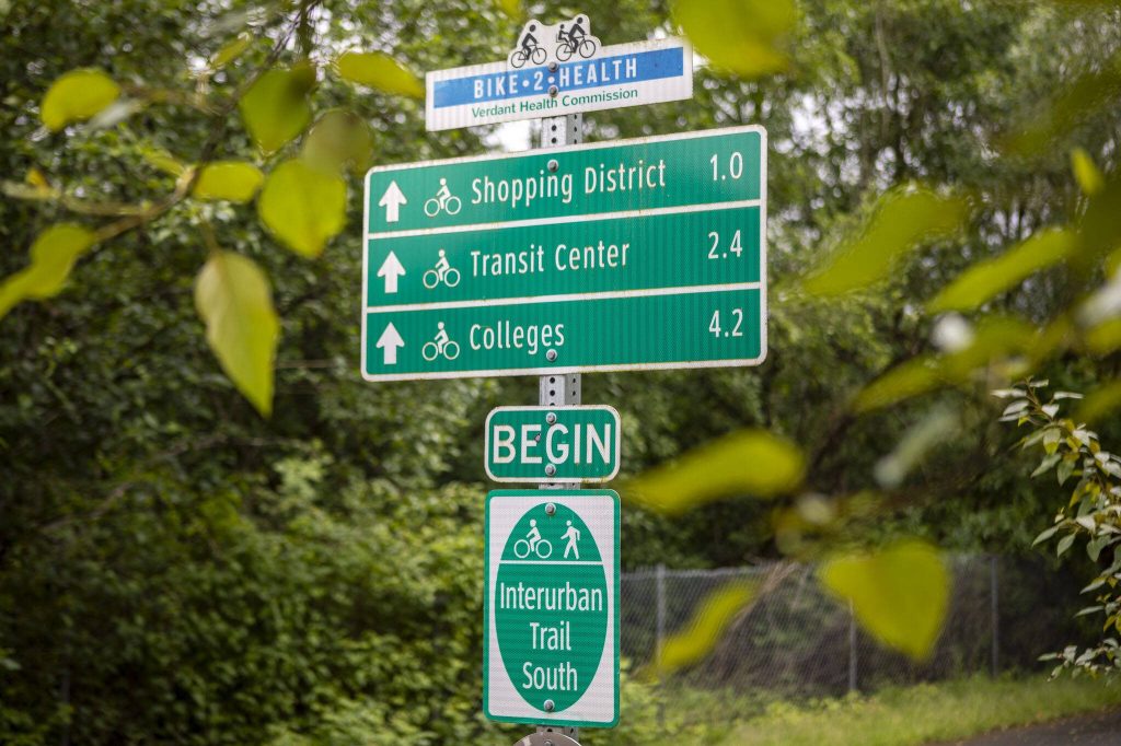 A sign for the Interurban Trail in Lynnwood, Washington on Sunday, May 19, 2024. (Annie Barker / The Herald)