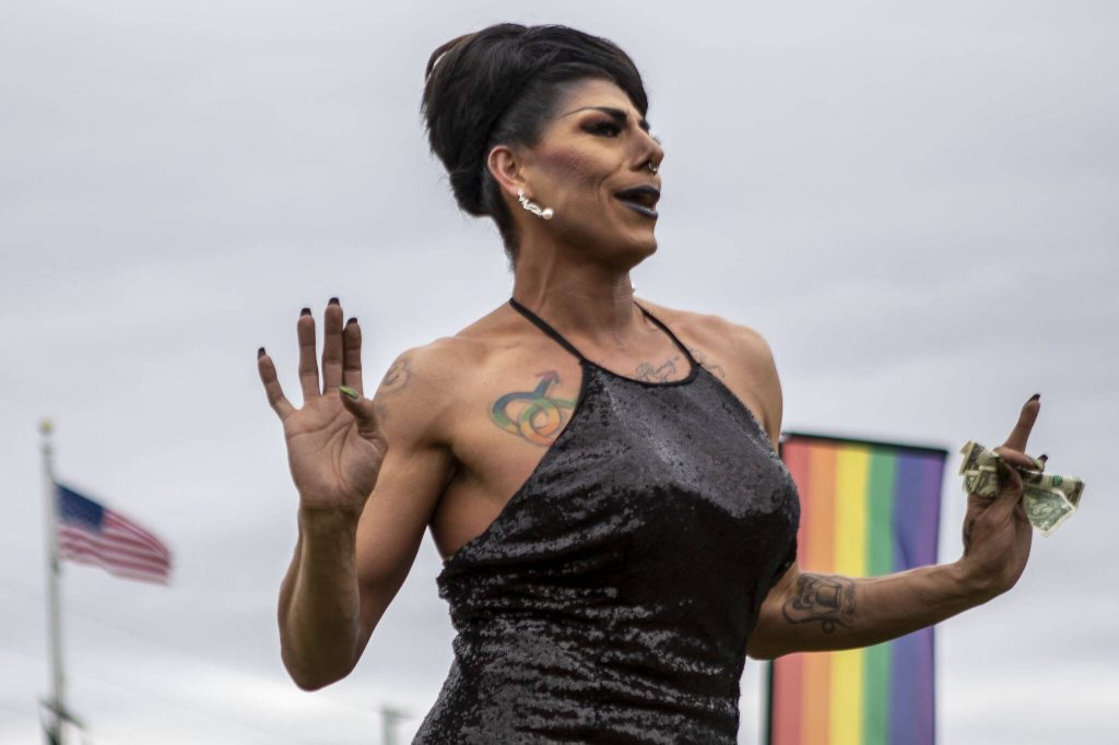 Alexis Montoya performs during the Stanwood-Camano Pride event at Freedom Park in Camano, Washington on Saturday, June 1, 2024. (Annie Barker / The Herald)