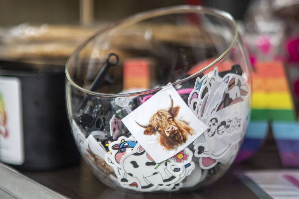 Cow stickers at Melinda Greniers coffee truck called Hay Girl Coffee during the third annual Arlington Pride event in Arlington, Washington on Sunday, June 2, 2024. (Annie Barker / The Herald)