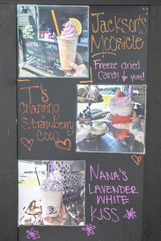 A drink menu at Melinda Greniers coffee truck called Hay Girl Coffee during the third annual Arlington Pride event in Arlington, Washington on Sunday, June 2, 2024. (Annie Barker / The Herald)